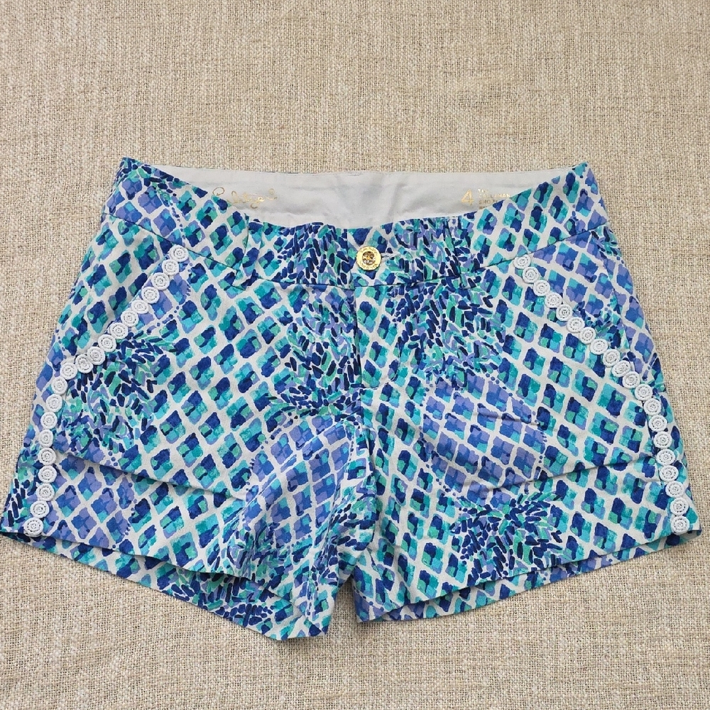 Lilly Pulitzer Aqua and White Patterned High Waist Shorts